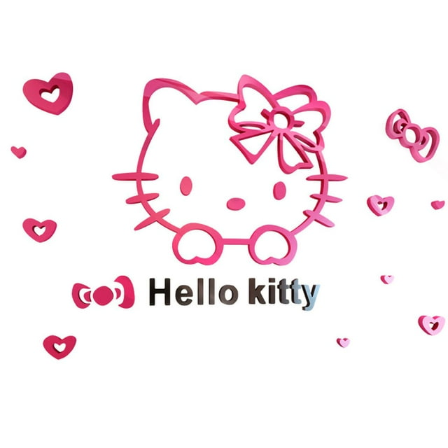Calcomanía de pared 3D de acrílico estéreo mediano con dibujo de gato lindo de Hello Kitty para habitación infantil, dormitorio, mesita de noche, letras en rosa, rojo y negro
