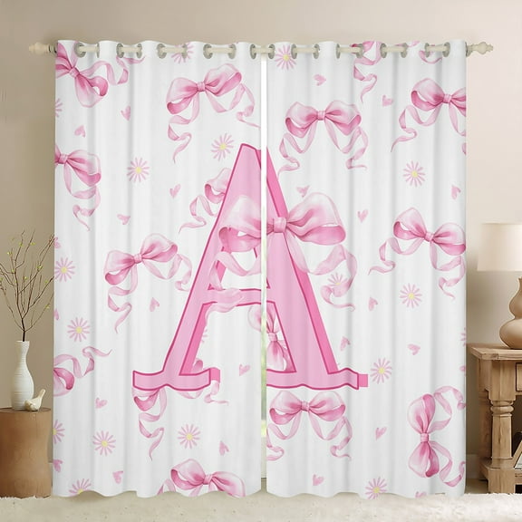 jejeloiu Letter A Monogrammed Black Out Curtains,Cute Bow Flower Curtains Pack of 2 (42x63 Each),Pink White Bowtie Bedroom Curtains For Child,Microfiber Room Decorative