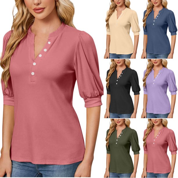 Sudadera con capucha para mujer,Blusa informal de manga corta para mujer, cuello redondo, botones, poliéster, cómoda para uso diario, hogar y oficina, sopatenor