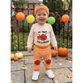 thumbnail image 4 of RUINIXCW Infant Baby Boy Halloween Outfits Pumpkin Ghost Embroidery Long Sleeve Crew Neck Romper Elastic Waist Pants and Hat, 4 of 9