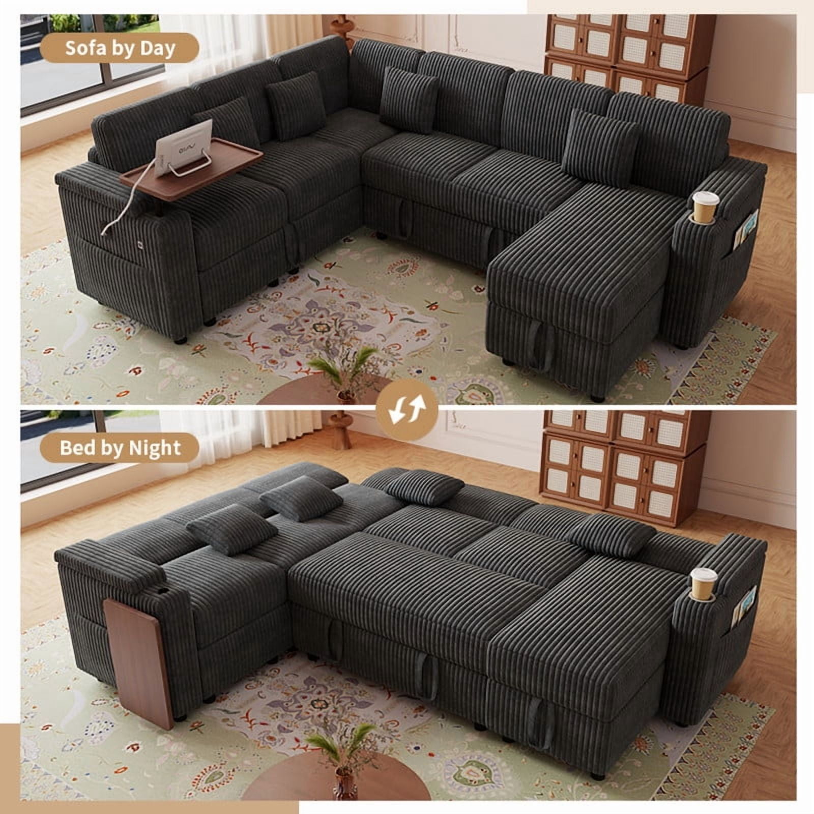100" U-Shaped Sleeper Sofa with Pull-Out Bed, USB Charging Ports, Cup Holder, Flip-Top Table, Storage Chaise, Corduroy Sectional Couch for Living Room, Apartment & Guest Room