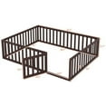 thumbnail image 2 of Queen Size Classic Floor Bed with Full-Length Guardrail and Small Door, Kids Toddler Bed With Solid Wood Floor Bed Frame for Kids, Teens, Adults, Noise Free, No Box Spring Needed, Walnut, 2 of 8