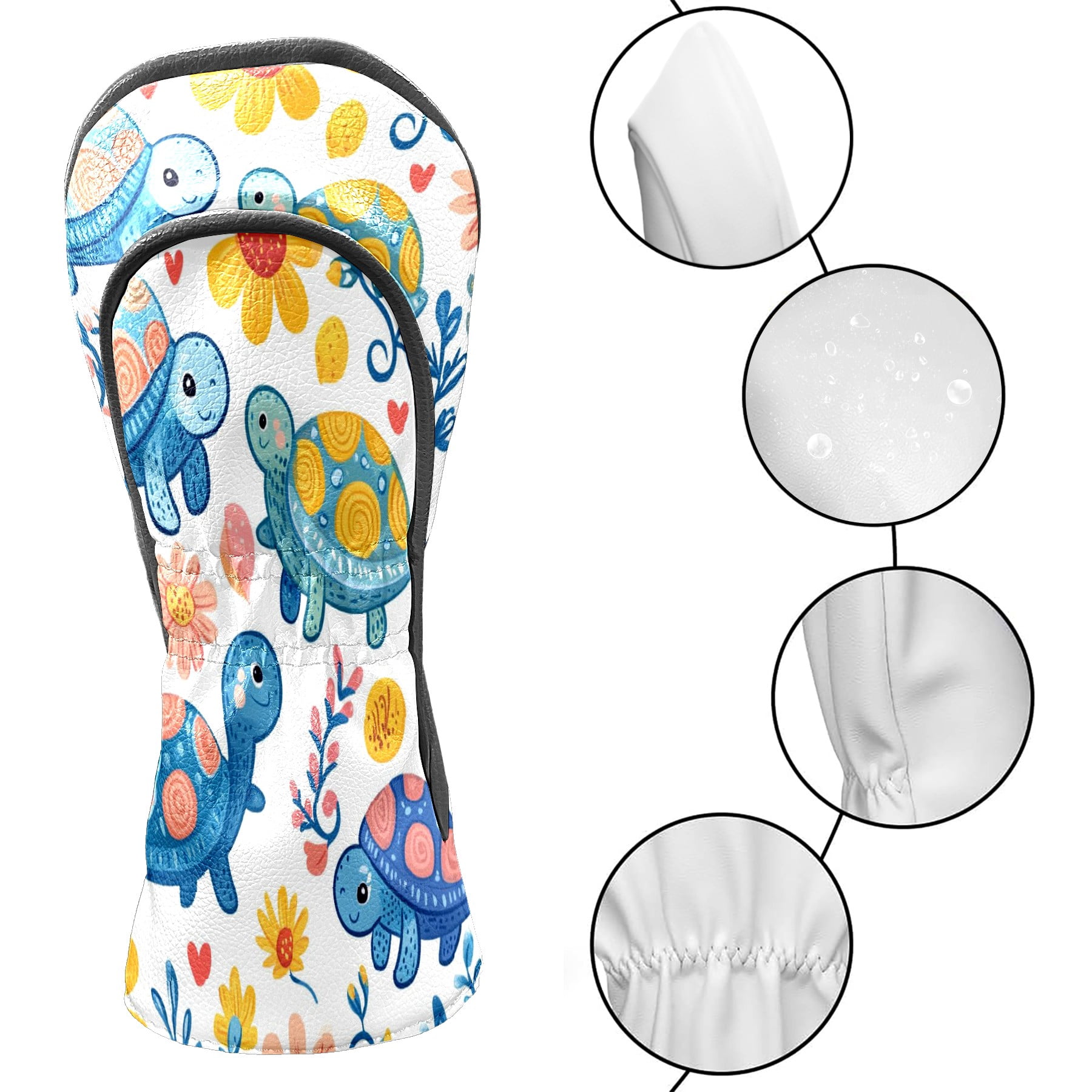 Golf Head Covers Cute Turtle Pattern for Driver, Wood & Hybrid, Premium Waterproof PU Leather with Plush Lining, Animal Golf Gifts