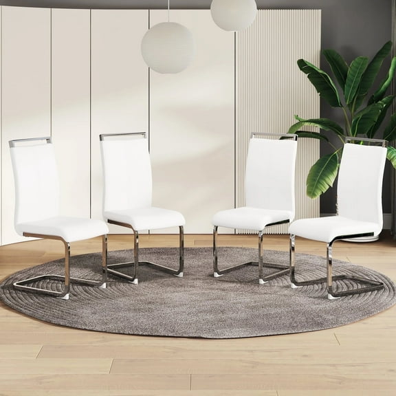 SUDICA Set of 4 White PU Leather Dining Chairs, Modern Upholstered High Back Kitchen Chairs with Chrome Metal Legs for Dining Room