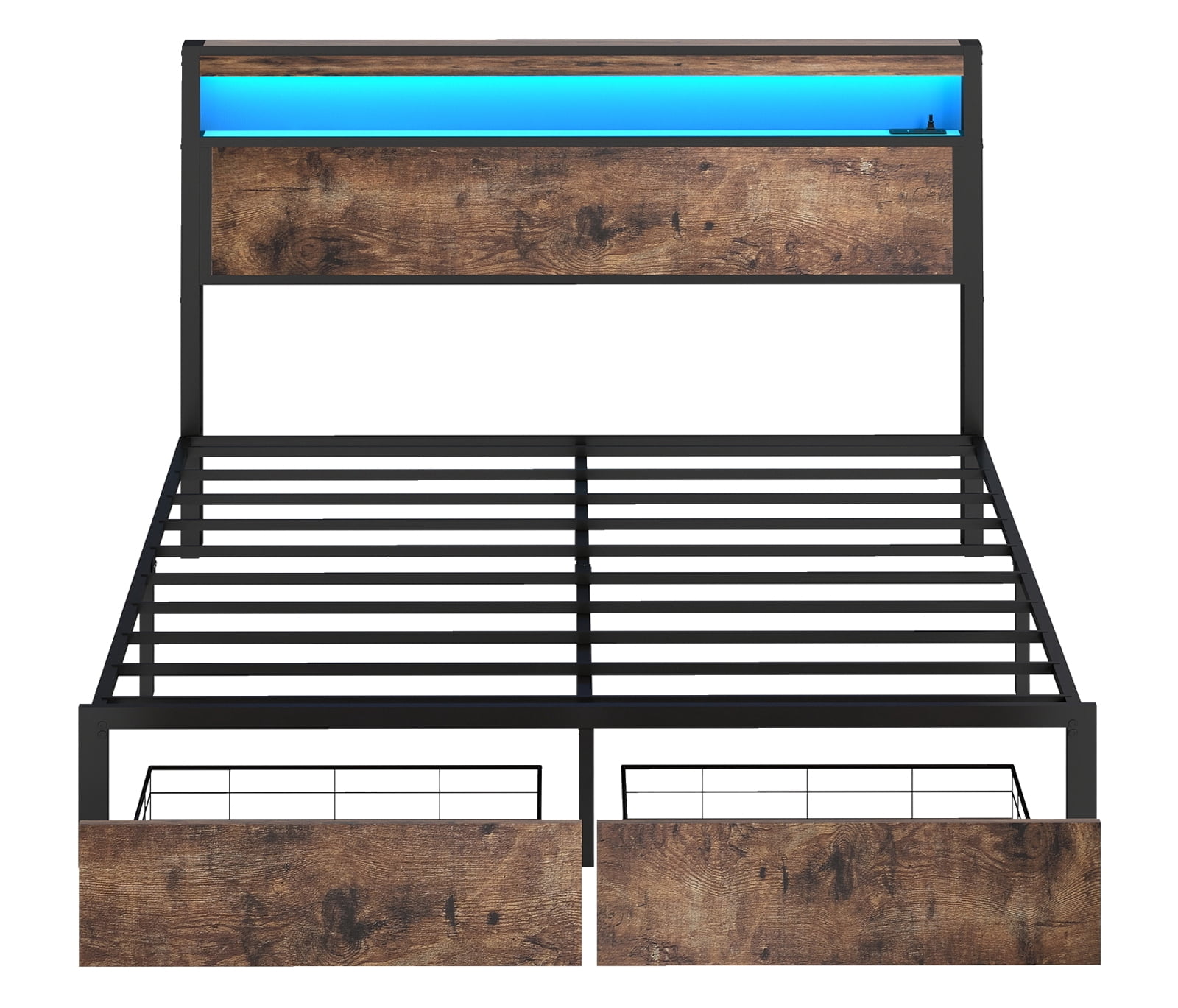 DRNANLIT Full Bed Frame with 2-Tier Storage Headboard, Metal Bed Frame with 2 Drawers & Built-in Charging Station & LED, Noise-Free, No Box Spring Needed, Easy Assembly,Brown