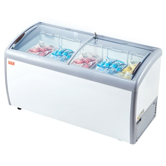 VEVOR Commercial Ice Cream Display Case, 16.3 Cu.ft Chest Freezer, Mobile Glass Top Deep Freezer, Restaurant Gelato Dipping Cabinet with 5 Wire Baskets, 2 Sliding Glass Doosr, Locking Casters, White