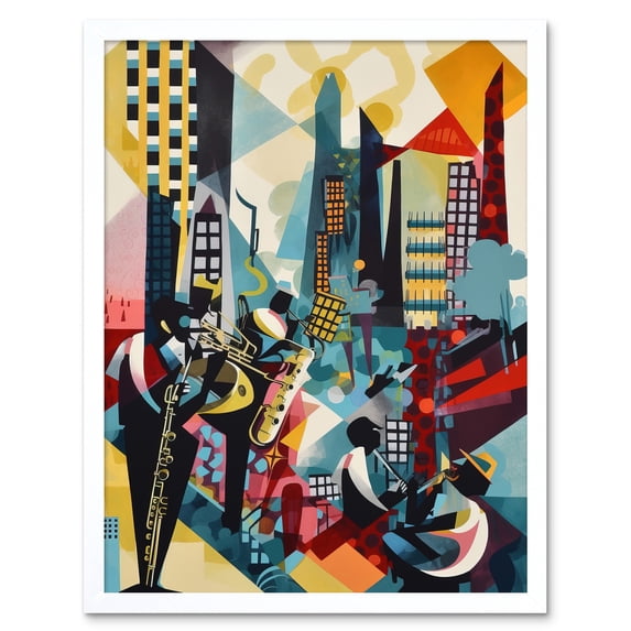 Jazz Musicians Playing on an Urban Landscape Rooftop Abstract Modern Watercolour Illustration Art Print Framed Poster Wall Decor 12x16 inch