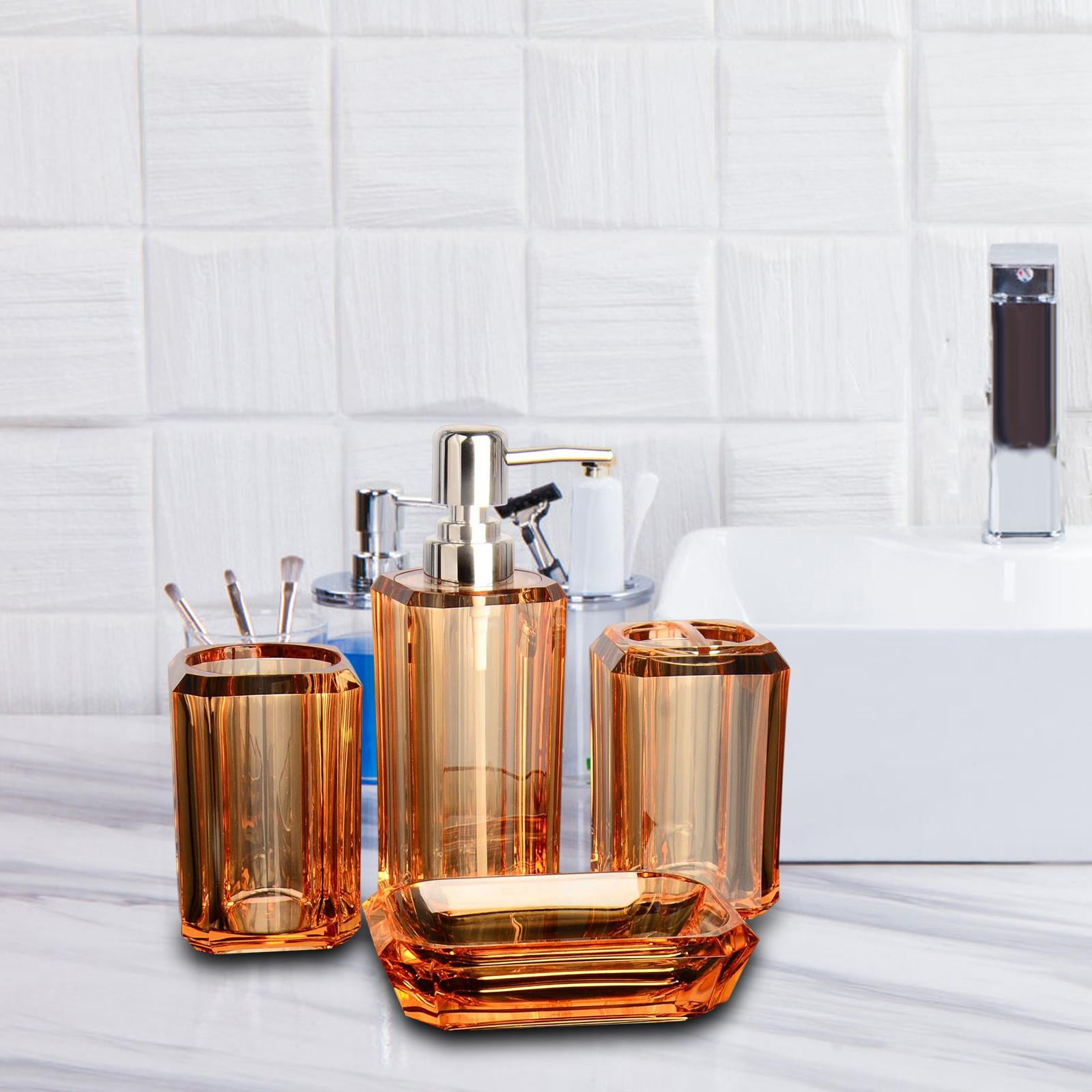 FashionCha 4 Bath Accessory Soap Dispenser Clear Lotion Bottle Vanity Accessory Set Toilet Light Brown