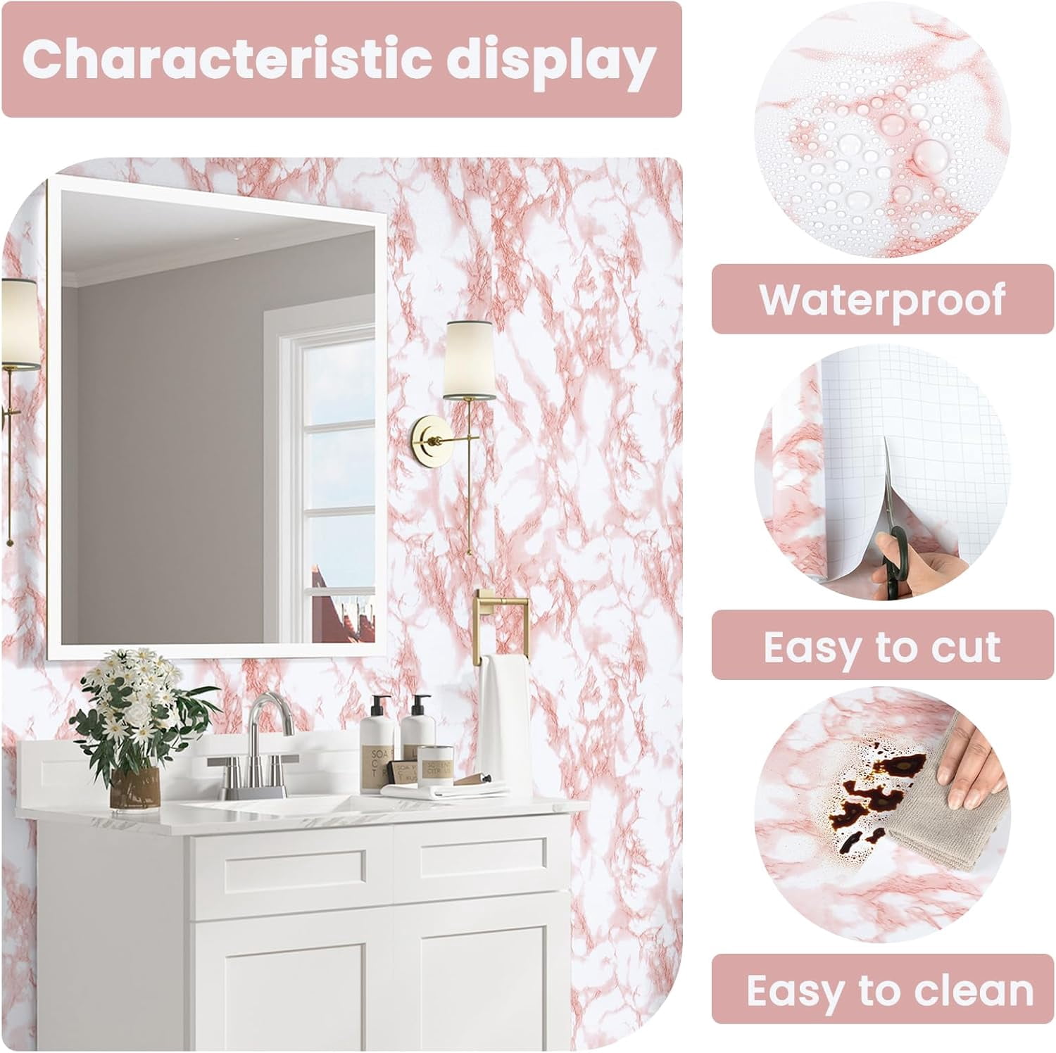 MaxxMarket White/Pink Marble Contact Paper Granite Peel and Stick Countertops Self-Adhesive Wallpaper Cabinets Drawer Shelf Wall Crafts Wall Paper Decorations 35.4 in x 118 in