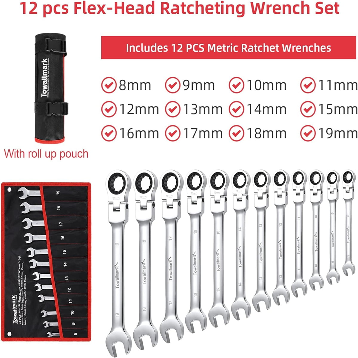 AOILE 12 Pieces Flex-Head Wrench Set, 72-Teeth Metric 8-19mm Cr-V Steel Ratcheting Combination Set with Storage Bag for Home/Car/Bike