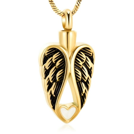 Constantlife Gold Angel Wings with Love Heart Cremation Pendant Small Urns for Ashes Keepsake Mini Urn Necklace Memorial Jewelry