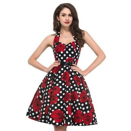 Women Print Floral Lace Patchwork Polka Dot vintage Summer Dress