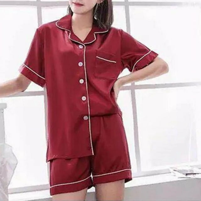 Ensemble de Pyjama pour Femmes Grande Taille 5TG 2023 en Satin Soie, Col Rabattu, 2 Pcs, Décontracté et Doux pour la Maison