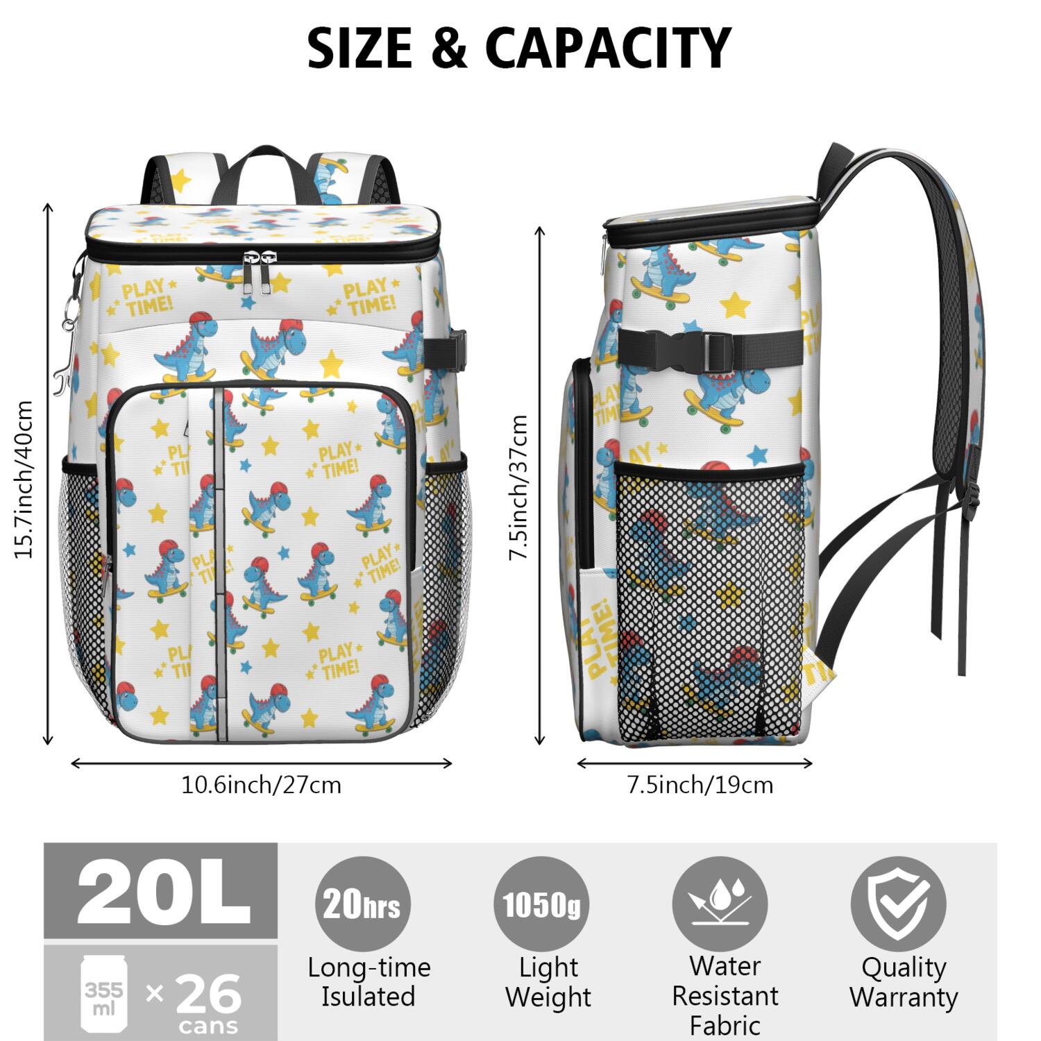 Travel Cooler Bag - White Cartoon Dinosaurs Skateboards Pattern Camping Beer Cooler Backpack with Bottle Opener- Waterproof Insulated Picnic Backpacks - Cooler Bag for Beach