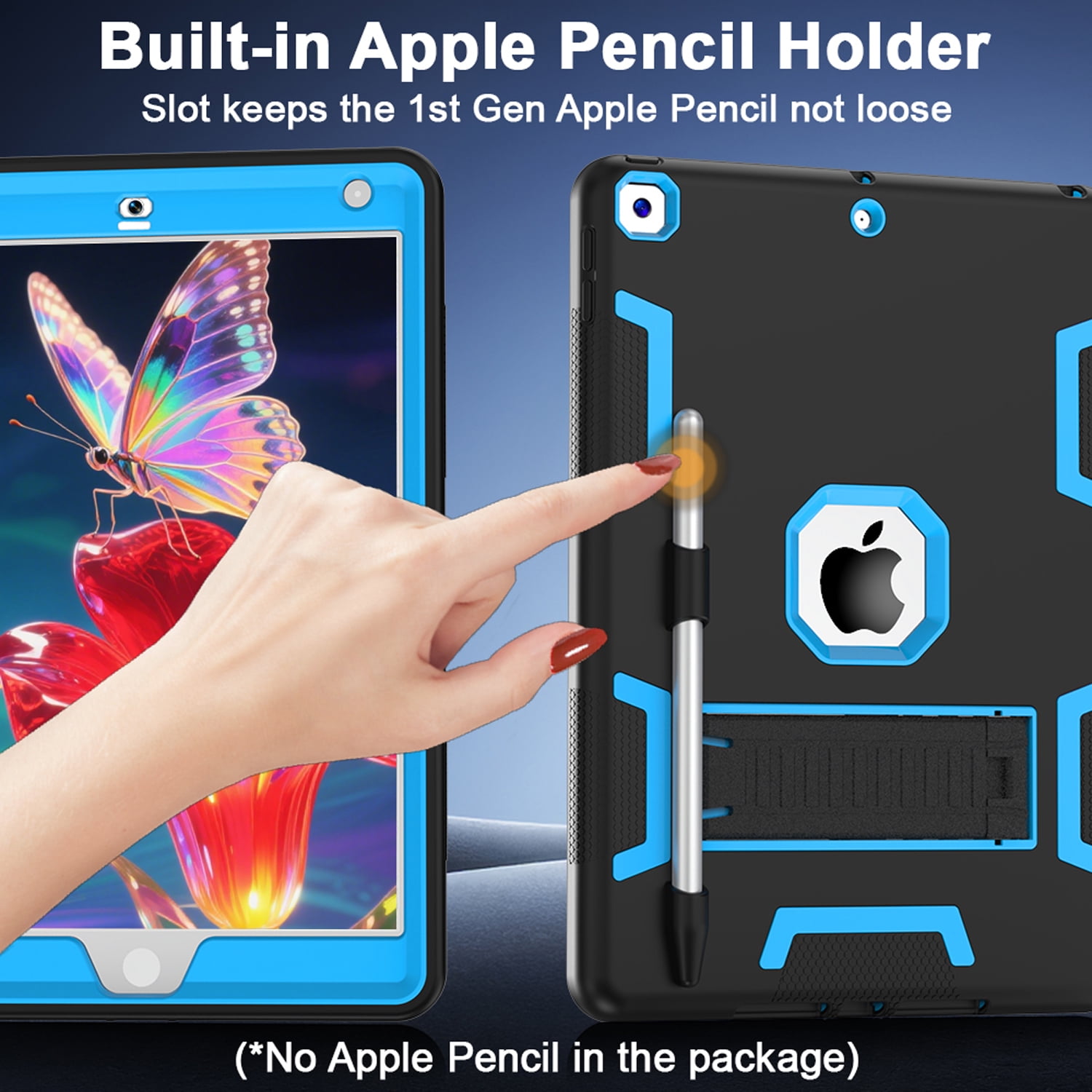 Decase Rugged Case Compatible with Apple iPad 6th/5th Gen 9.7 Inch 2018 2017,Shockproof Protective Cover with Built-in Stand & Pencil Holder,Heavy Duty Hard Cover,Blackblue