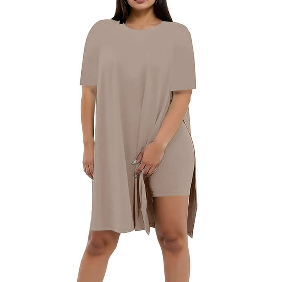 Women Shorts Sets Outfits Stylish Daily Wear Short Sleeve Solid Plus Size Round Neck Long Shirt Shorts Set Summer Outfits For Women Beige L