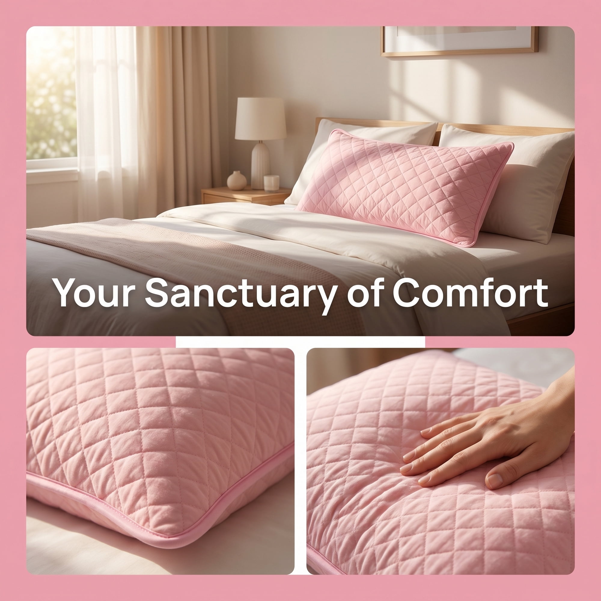Unique Bargains Hypoallergenic Polyester Quilted Standard-size Pillow Protector Pink A