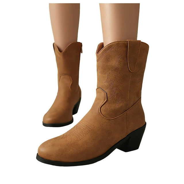 Womens Wide Mid Calf Cowboy Riding Boots Size Zipper Casual Leather Pointed Toe Cowgirl Dress Short Boots