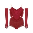 thumbnail image 6 of TSSOE Women's Ruched Latin Dance Outfit Tassel Samba Rumba Salsa Jazz Dance Bodysuit Top with Gloves Red XXL, 6 of 7
