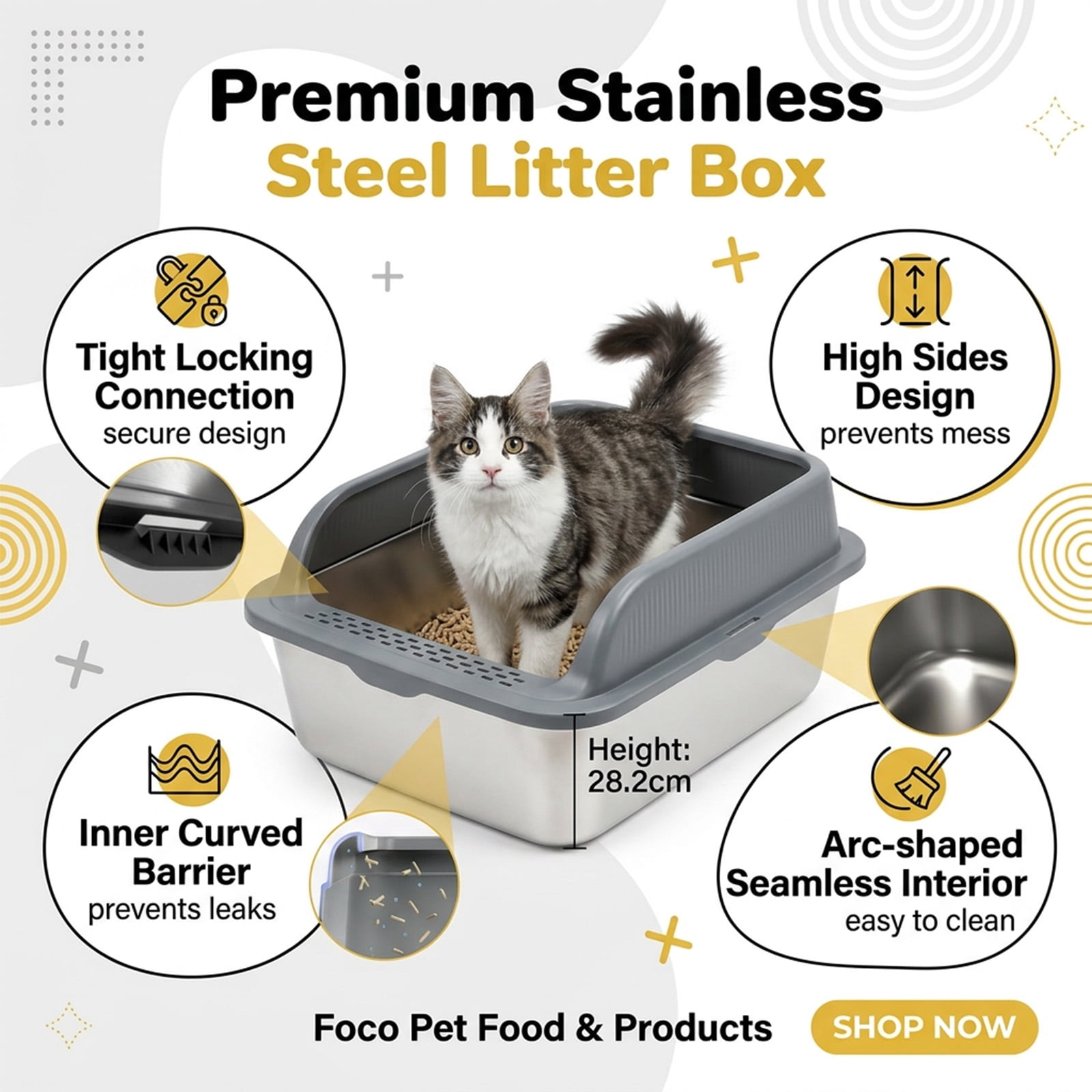 Grey Stainless Steel Cat Litter Box with High Rim Lid, Leak-Proof Indoor Cat Toilet for Small to Medium Cats, Durable Spacious Design with Litter Scoop, Non-Stick Easy Clean Odor & Scratch Resistant