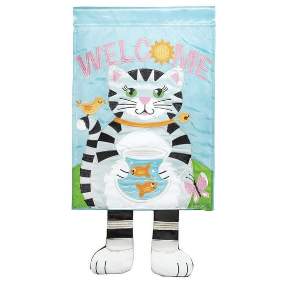 Magnolia Gardens M011288 13 x 24 in. Double Applique Cat Welcome Polyester Garden Flag