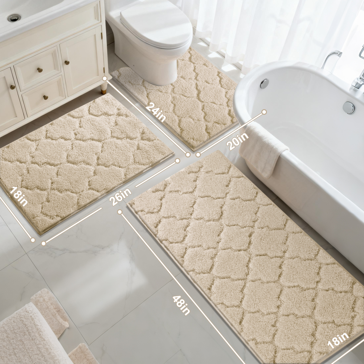 Findosom Bathroom Rugs Sets 3 Pcs,Non Slip Soft Absorbent Microfiber Bath Mats and U-Shaped Contour Toilet Rug,Machine Washable Plush Shaggy Bath Mat Set for Bathroom 18"x26"+18"x48"+U 20"x24" Beige