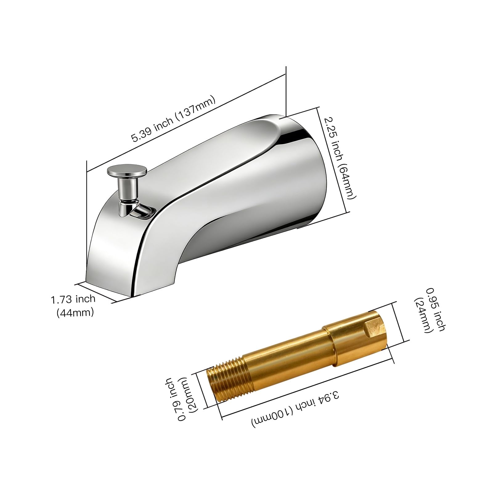 Tub Spout with Diverter, All Metal Bathtub Faucet, Chrome, for 1/2 Inch Copper Pipe