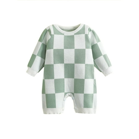 

Thaisu Baby Boys Girls Romper Round Neck Long Sleeve Snap Closure Checkerboard Knitted Sweater Jumpsuit