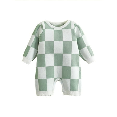 

Seyurigaoka Baby Boys Girls Knitted Sweater Jumpsuit Round Neck Long Sleeve Snap Closure Checkerboard Romper Fall Winter Outfit for 0-24M Newborn Kids