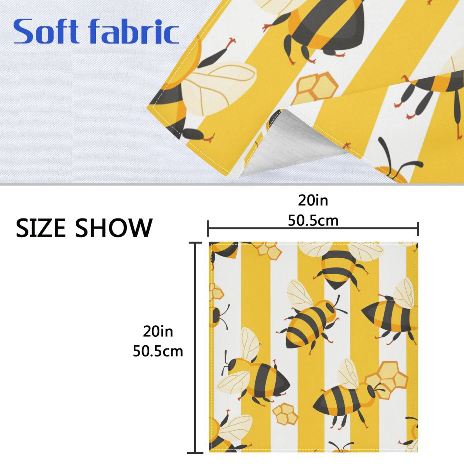 JSTEL Bee Honeycomb Stripe Cloth Napkins Set of 6, 20x20 Inch Washable and Reusable Napkin for Decoupage Dinner Party Everyday Use