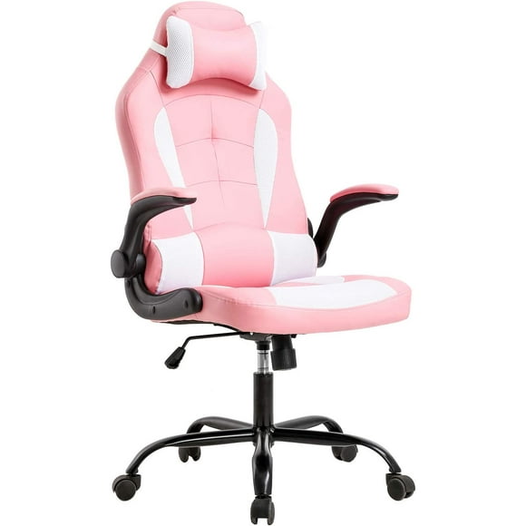 FDW PC Gaming Chair, Ergonomic PU Leather Executive Swivel Rolling, Lumbar Support Flip Up Arms Headrest for Adults, Pink