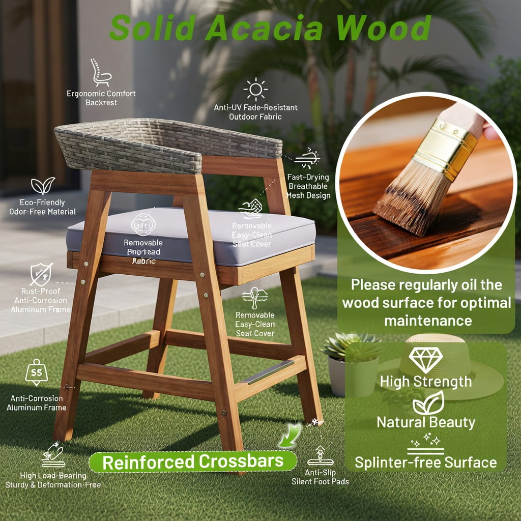 Hommoo 4-Piece Outdoor Dining Chair Set, Acacia Wood Frame with PE Rattan Weave & Cushions for Patio, Backyard, Poolside, Ergonomic Design, Gray