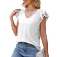 thumbnail image 3 of Top de verano para mujer, cuello en V, hombros fruncidos, manga corta con volantes, Tops básicos sueltos informales elegantes, Blanco XL, 3 of 7