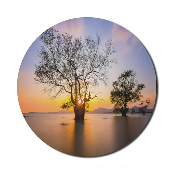 Coastal Mouse Pad for Computers, Dawn Time Rising Sun at Seascape with Autumn Trees in Water Habitat Theme, Round Non-Slip Thick Rubber Modern Gaming Mousepad, 8" Round, Blue Yellow, by Ambesonne
