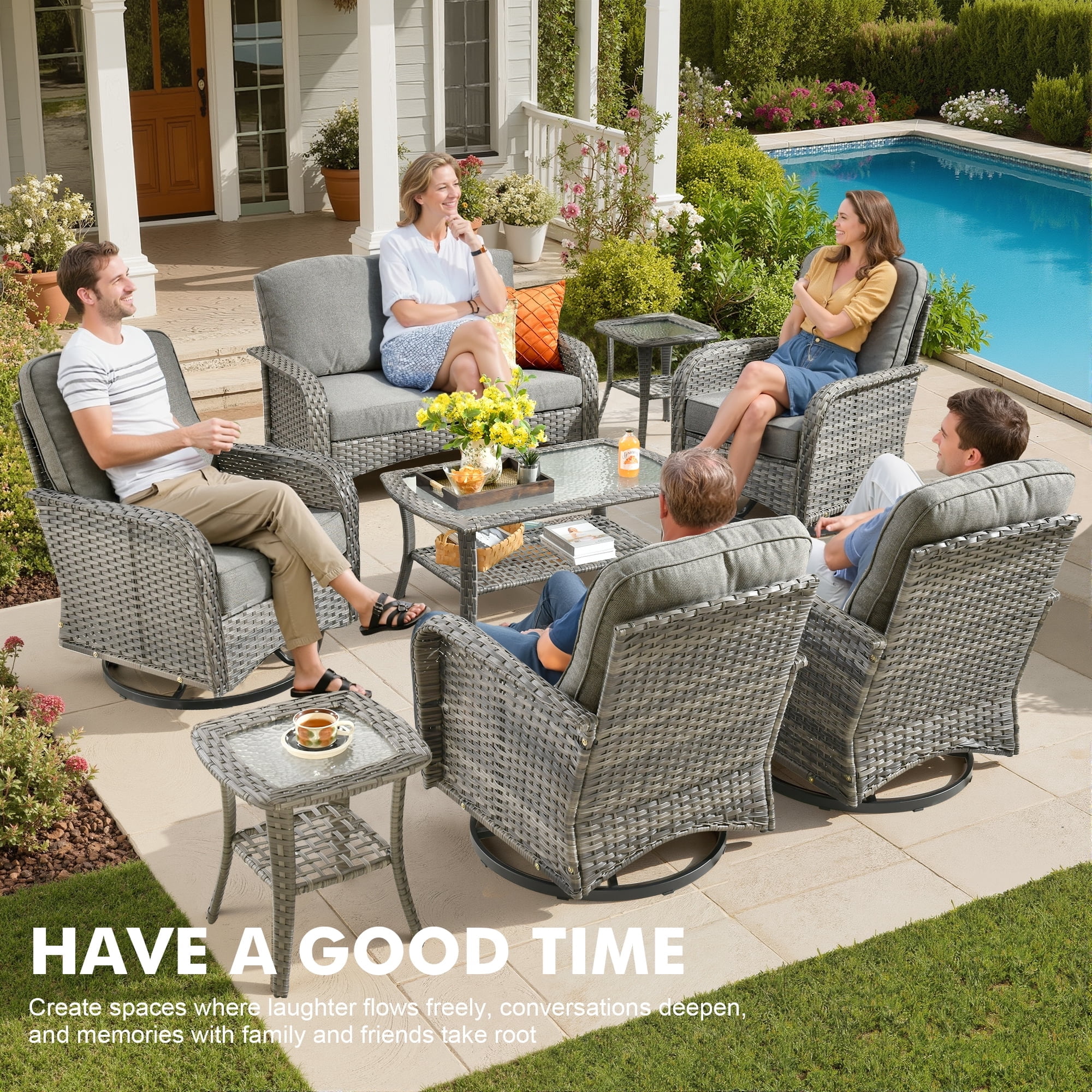 Vcatnet Patio Outdoor Furniture, 8 Pieces Wicker Rattan Sectional Sofa, Patio Conversation Set with Swivel Rocking Chairs and Coffee Table, Dark Gray