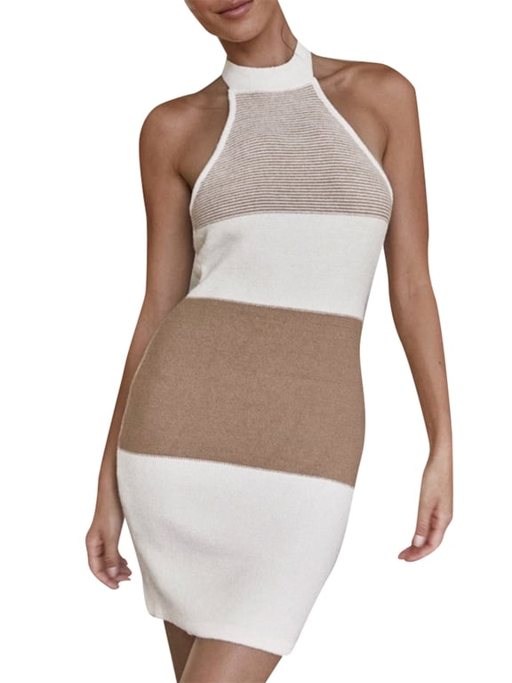 Women Halter Knitted Dress Summer Contrast Color Bandage Backless Skinny Dress Mini Dress