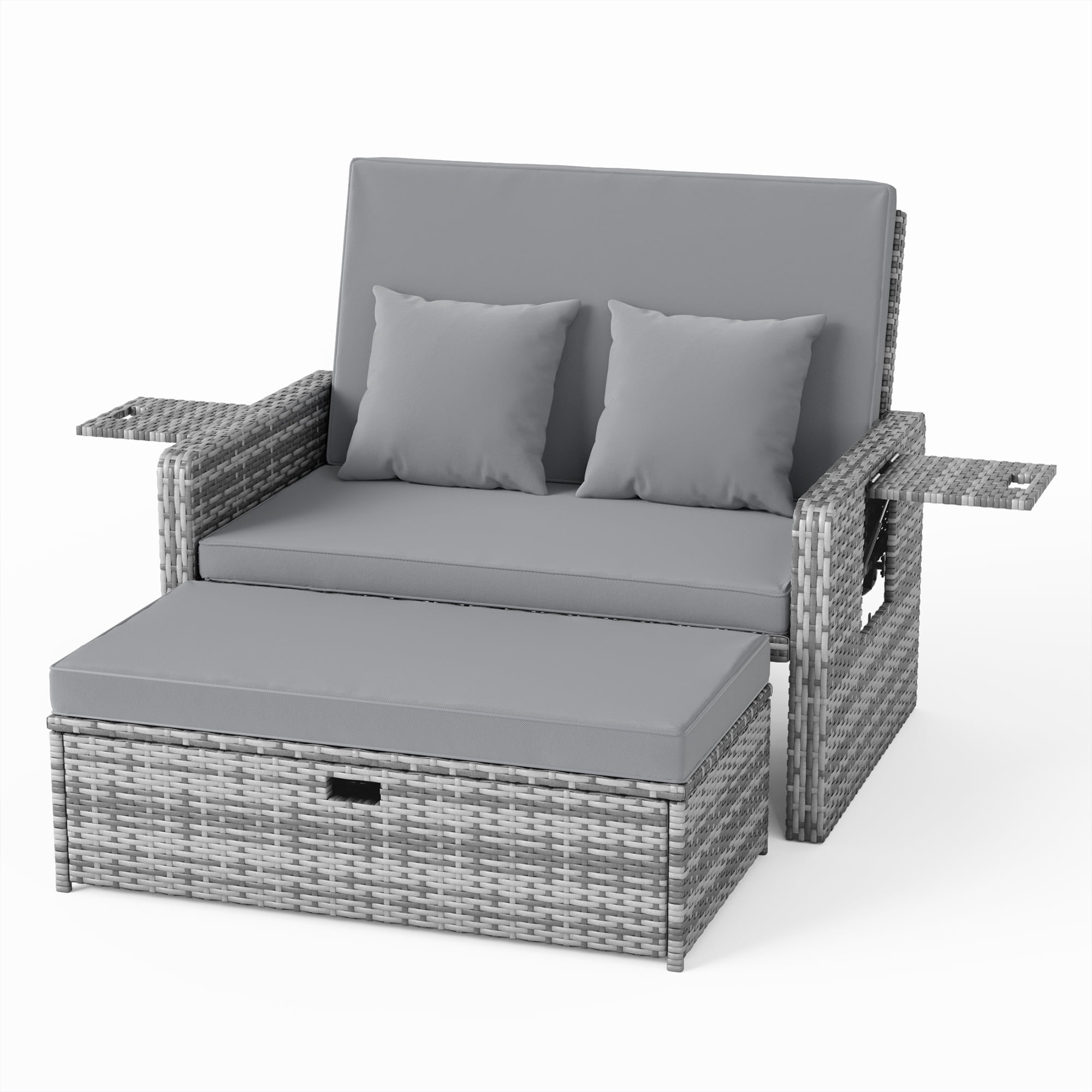 POTEBAN Wicker Outdoor Daybed-Outdoor Loveseat with Storage Ottoman, 4-Level Adjustable Backrest & Cushions for Balcony, Garden, Poolside (Gray)