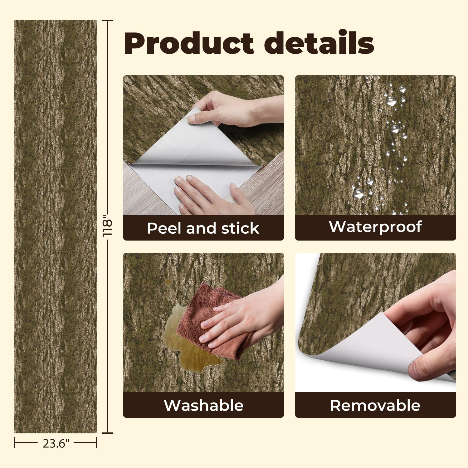 Peel and Stick Wallpaper 23.6in x 9.8ft Textured Bark Moss Earthy Tones Contact Paper Vinyl Waterproof Self Adhesive Wall Paper for Shelf Cabinet Hunting Cabin