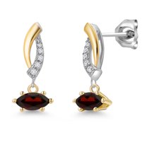 Gem Stone King 925 Silver and 10K Yellow Gold Red Garnet and White Lab Grown Diamond Stud Earrings for Women | 0.57 Cttw | Gemstone January Birthstone | Marquise 6X3MM