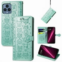 Conmpatible for T-Mobile REVVL 6 5G Wallet Case with Card Holder, Lovely Cartoon Cat & Dog Animal Embossed Pattern PU Leather Flip Cover Kickstand Magnetic Clasp Shockproof Case, Green
