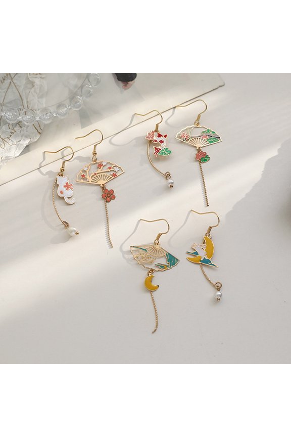 1 Pair Women Earrings Fan Crane Asymmetry Jewelry Animal Pendant Faux Pearl Painted Hook Earrings for Dating