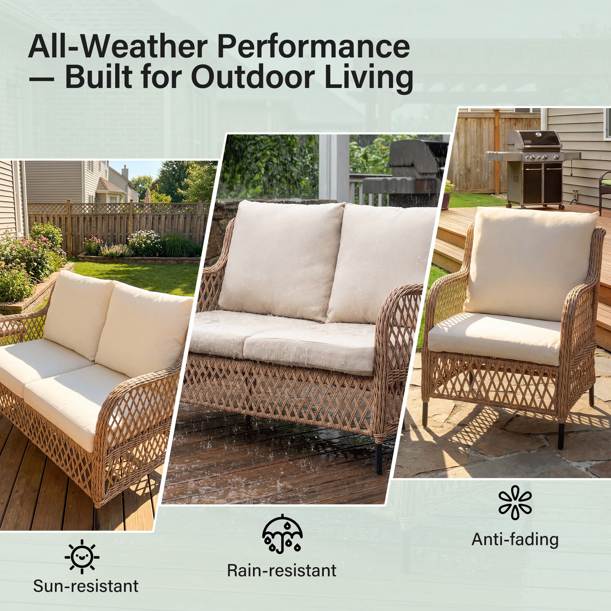 LAUSAINT HOME 4-Piece Outdoor Patio Conversation Set, All-Weather PE Rattan Furniture with Loveseat, 2 Chairs and Table, Beige Olefin Cushions