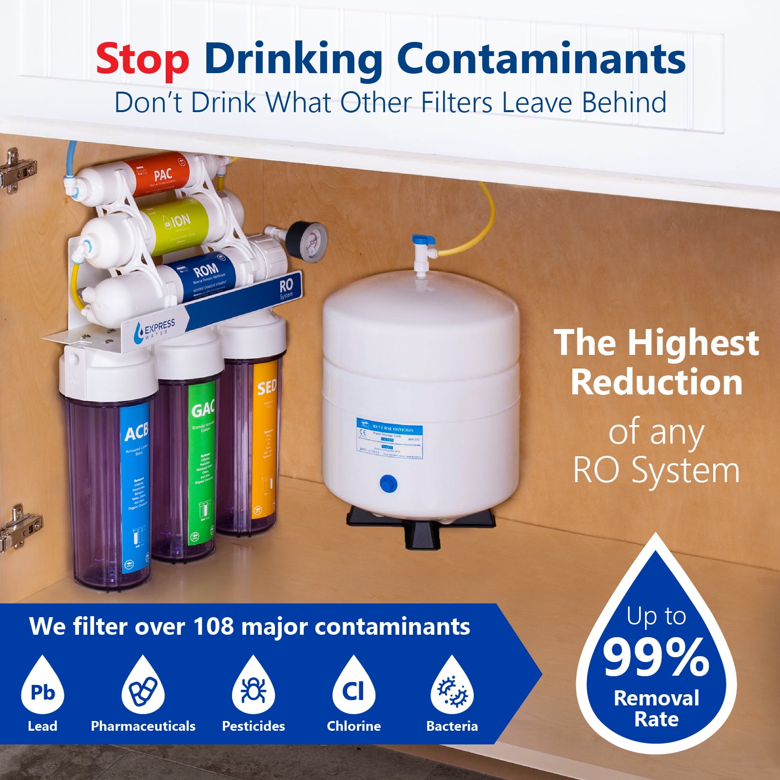 Express Water Deionization Reverse Osmosis Water Filtration System - 6 Stage RO DI Water Filter with Modern Brushed Nickel Faucet and Tank - Distilled Pure - Under Sink Home Water Softener - 100 GPD