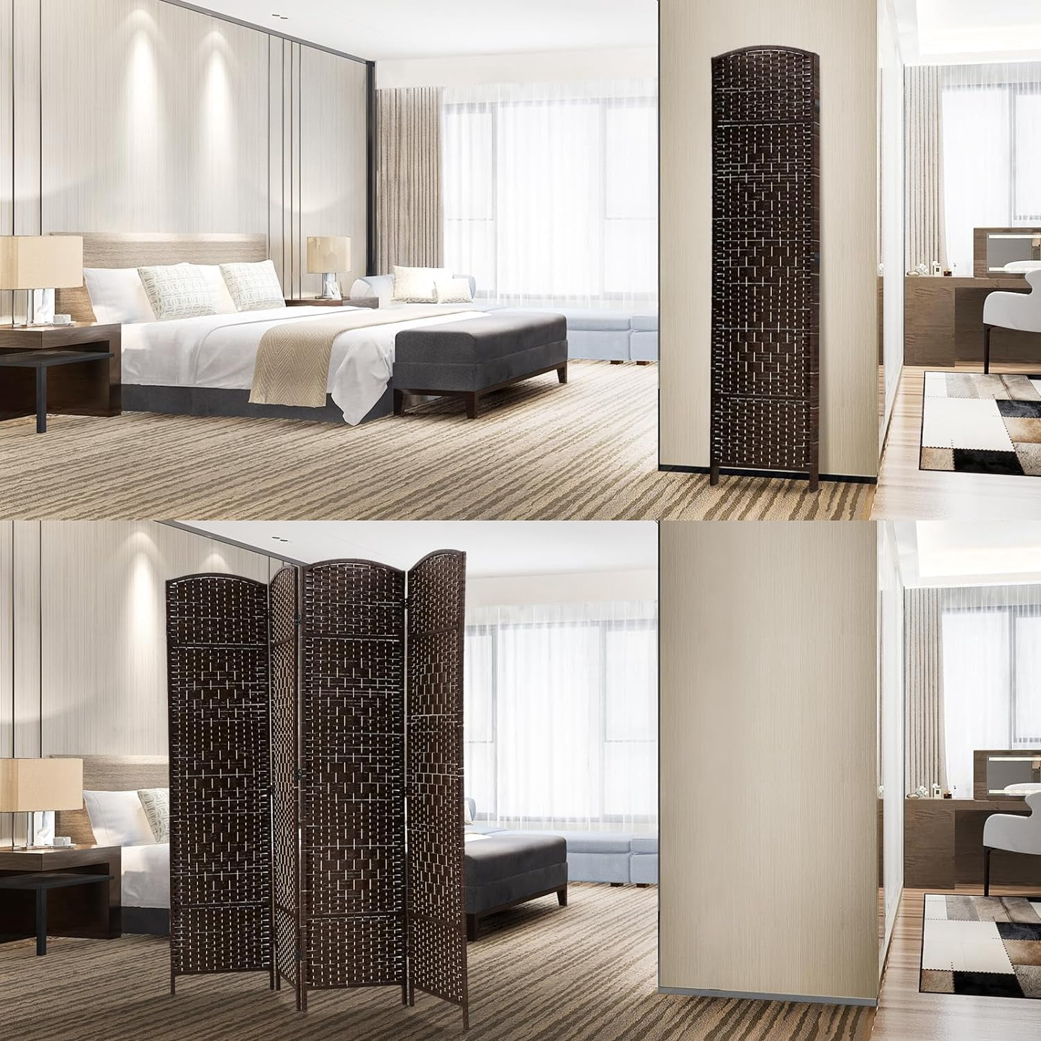 4-Panel Rattan Room Divider, Freestanding Folding Privacy Screen for Indoor Use,  Brown