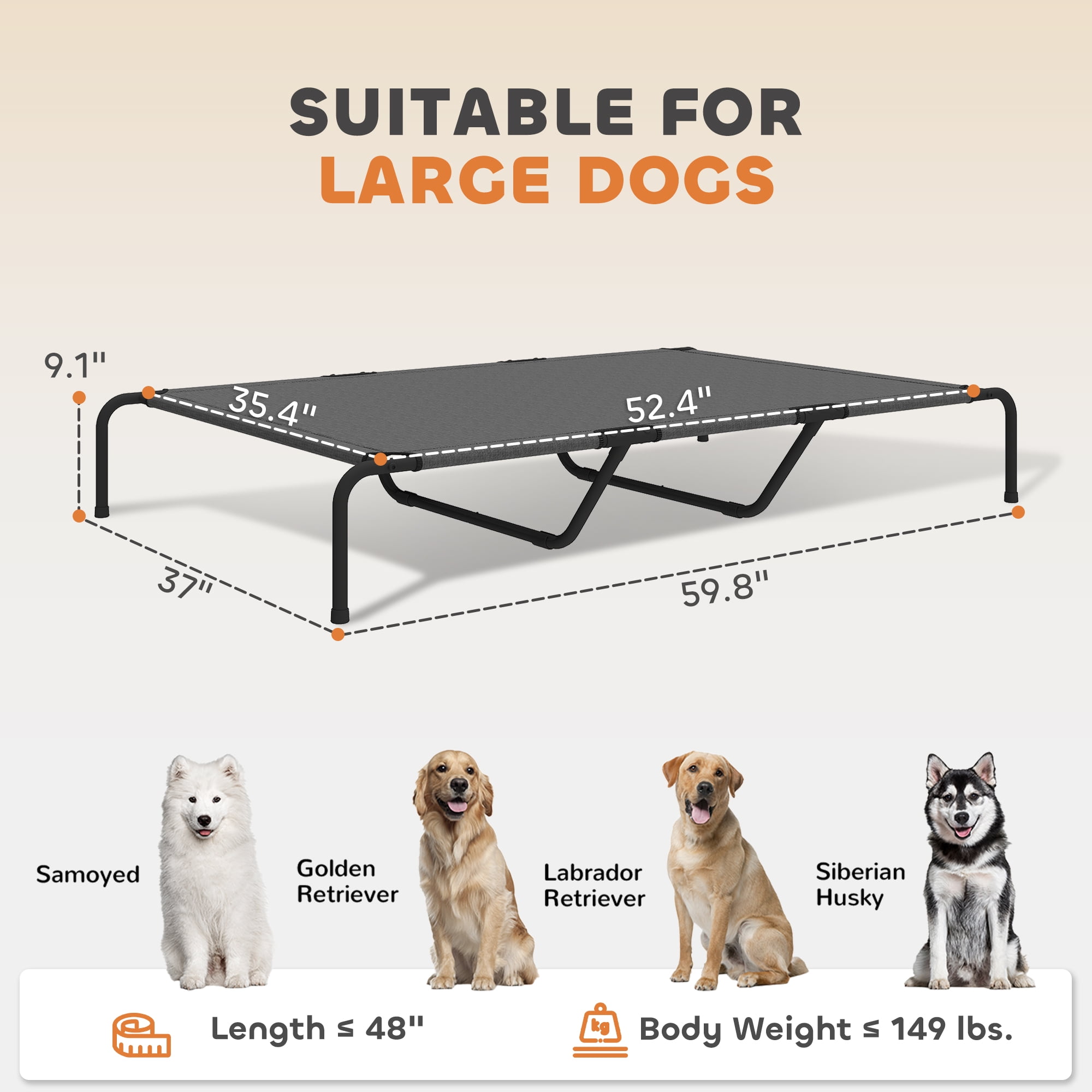 PawHut Elevated Dog Bed Large Breeds Outdoor Dog Bed Breathable Mesh Steel Frame Gray 60"L
