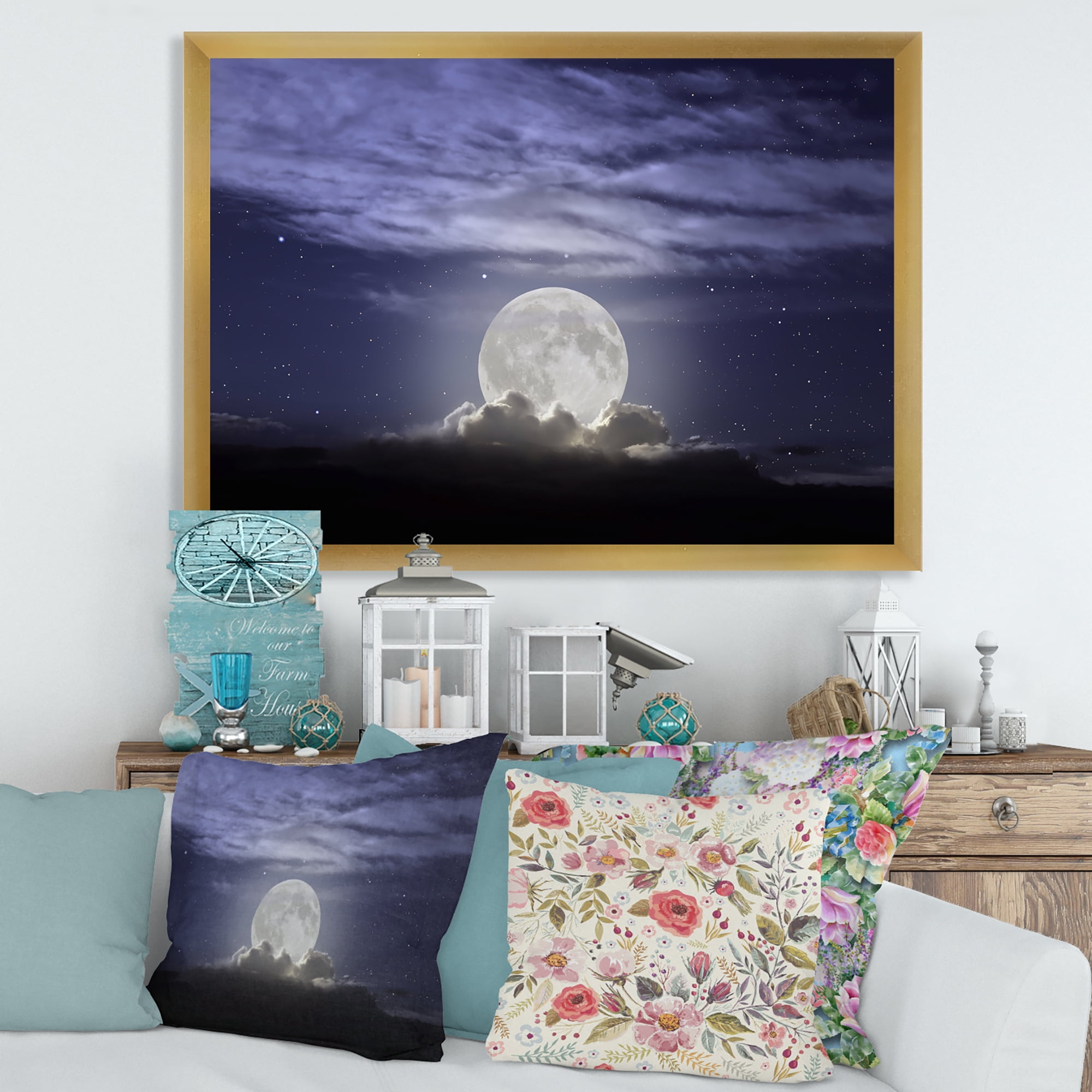 Designart 'Full Moon Rising In A Cloudy Night Sky' Nautical & Coastal Framed Art Print