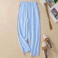 thumbnail image 3 of KALE Linen Pants for Women Wide Leg Women Summer Casual Elastic High Waist Loose Slit Cropped With Pockets Women Pants Blue, 3 of 8