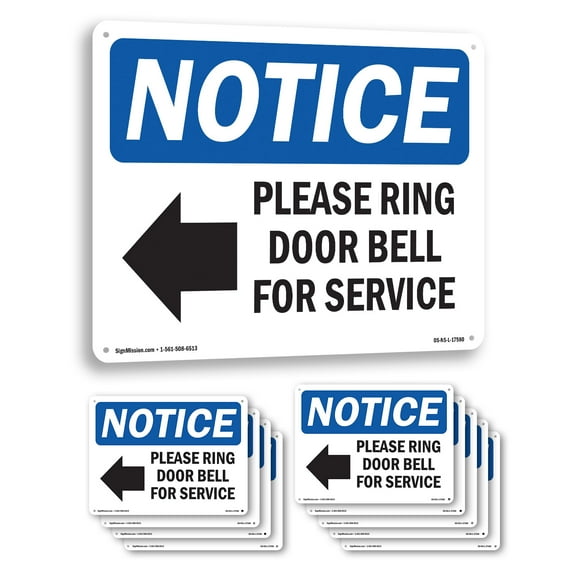 Please Ring Door Bell For Service OSHA Notice Rigid Plastic Sign 10 Inch x 7 Inch - 10 Pack