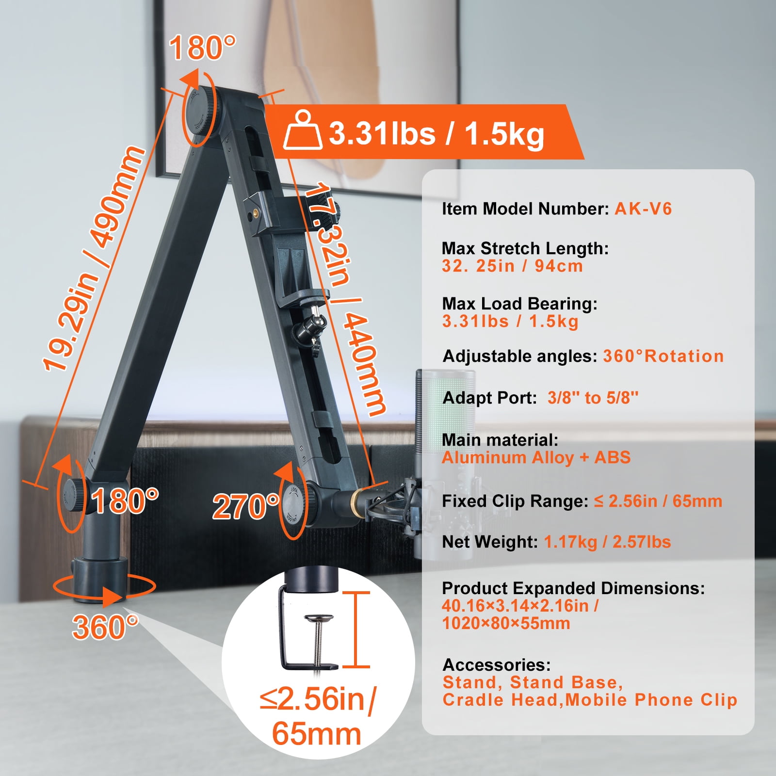 KFFKFF 360° Microphone Boom Arm with Desk Clamp, Compatible Mic Stand for 3/8" to 5/8" Adapter, Suitable for Recording Equipment like Blue Yeti, Hyperx Quadcast, Snowball, SM7B, and Audio Technica