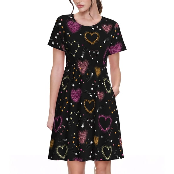 Disketp Heart and Stars para Vestido de Manga Corta para Mujeres, Vestidos de Verano para Mujeres, Casual y Holgado para la Playa